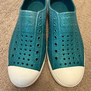 Native Jefferson Teal Bling Slip-On Shoes with White Soles